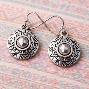 Boho Silver Disc Dangle Earrings | Tribal Etched Round Charm